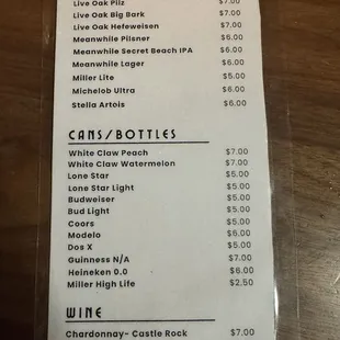 Drink menu