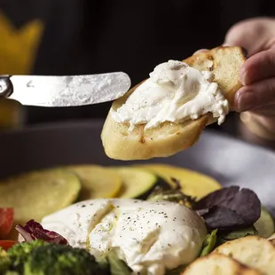 FRESH BURRATA  With roasted vegetables, thinly sliced prosciutto and crusty bread. Topped with sea salt and good olive oil