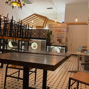 tables and chairs in a restaurant