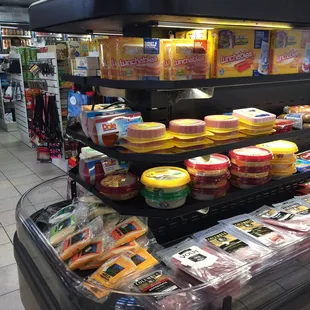 a display of various drinks and snacks