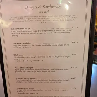 Burger &amp; Sandwich menu continued.