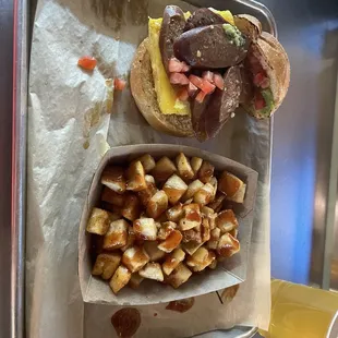 Burnt end sausage and egg sandwich