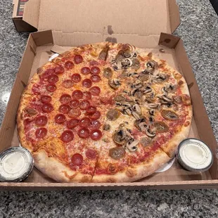 Half pepperoni half sausage and mushroom