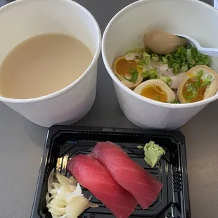 Tonkatsu ramen and tuna sushi