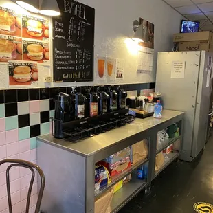 a counter with coffee machines