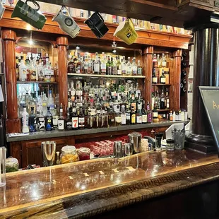 a bar with liquor bottles