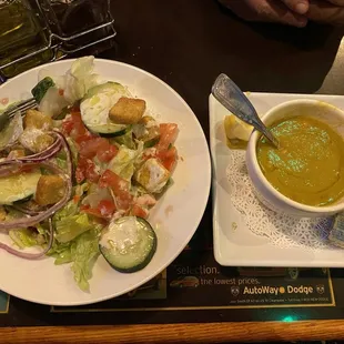 Salad with their own ranch homemade dressing and soup their split pea delicious home made .