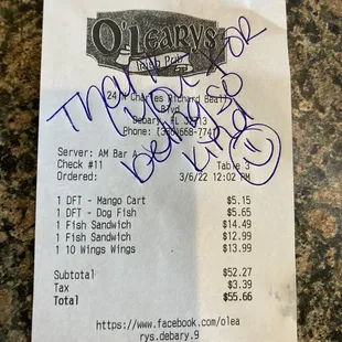 the receipt for the restaurant