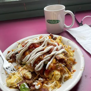 Basic scramble with sour cream n salsa- so good!