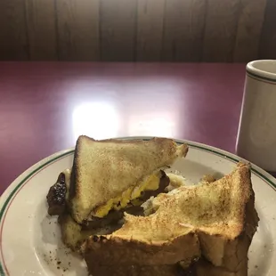 Hot sausage, egg, cheese on Texas Toast.