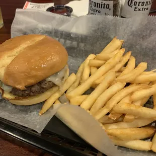 Mushroom and Swiss burger fries nice and hot