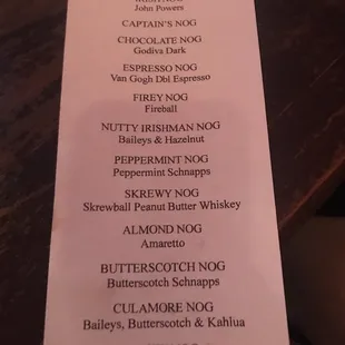 Egg nog menu