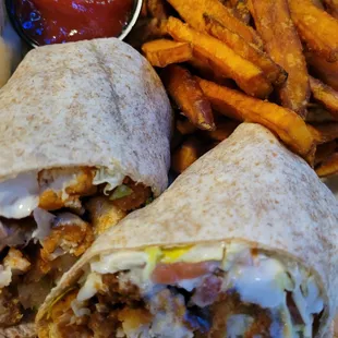 Buffalo chicken wrap with sweet potato fries