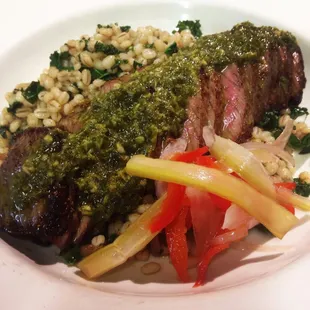 Cast-Iron Sirloin, Chimmichurri, Sautéed Barley and Kale, Pickled Vegetables.