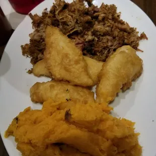 Choice of two - fried perch and pulled pork with mashed sweet potatoes.