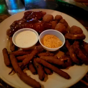 O&apos;Malley&apos;s Sampler - fried green beans, fried calamari, fried mushrooms, chicken tendies in Asian sesame sauce