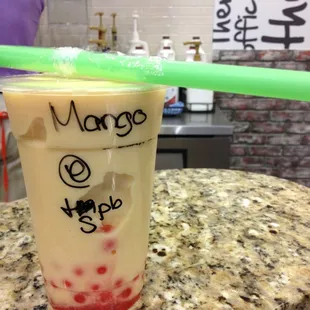 Strawberry Popping Boba in a Mango slush