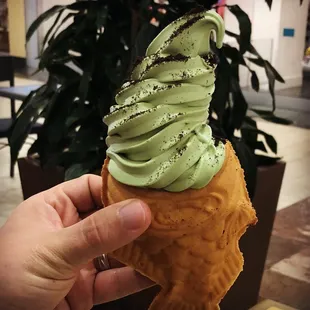 Matcha taiyaki with Oreo topping. So good and worth it on a hot day! Taiyaki is wonderfully chewy and crispy vessel for the ice cream.