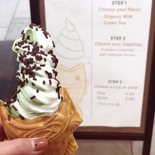 Taiyaki Soft Serve, green tea and milk swirl (added red bean paste and chocolate sprinkles)