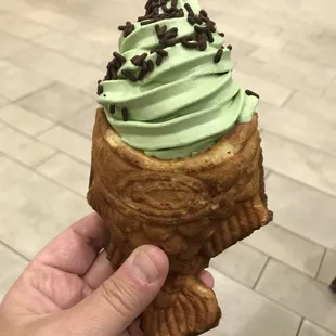 Green tea ice cream in a fish cone!