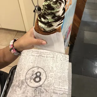Taiyaki soft serve, matcha and milk combined.