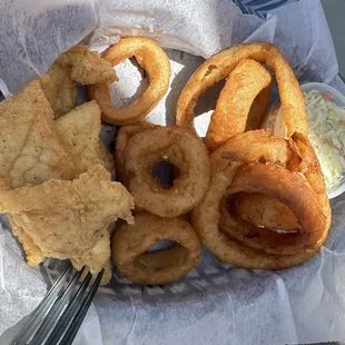 Fried Fish Basket with Onion Rings and Slaw