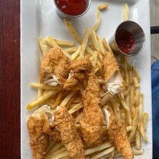 Chicken tenders with double fries as the side.