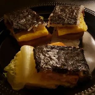 My half portion of Classic, Salmon, and Unagi (aka eel) onigiris... my eldest daughter has the other half