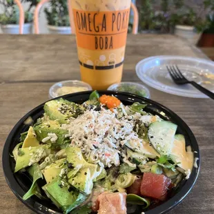 My new favorite poke spot!  Poke bowl with creamy ahi and Thai Iced Tea