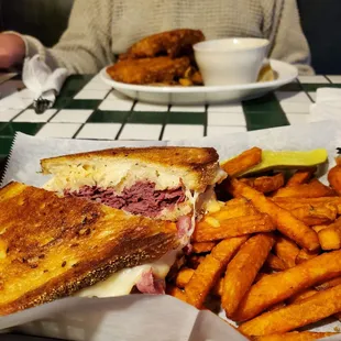 Stacked Ruben &amp; seasoned sweet potato fries