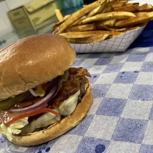 Bacon cheeseburger combo on a brioche bun with our delicious seasoned fries!
