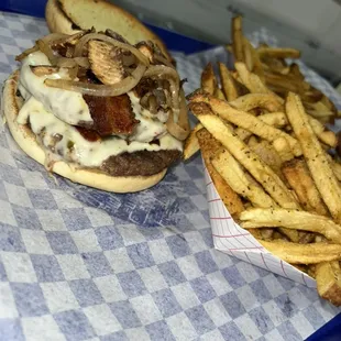 Double Bacon Cheeseburgers with grilled onions and mushrooms!