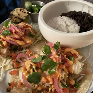 Two Grilled Fish Tacos with Rice & Black Beans