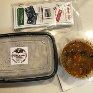 Utensil, menu, and mint bag - Chicken fettuccine Alfredo, and my Minestrone soup (my fave)!!
