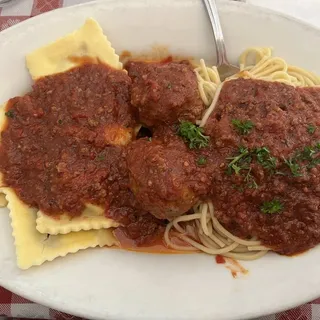 Spaghetti and Ravioli with Meat Sauce