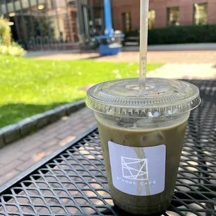 Small open black sesame latte with oat milk, reliably good / July 2023