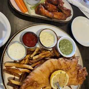 Fish and Chips and habanero hot wings