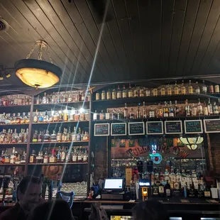 a bar with lots of bottles of liquor