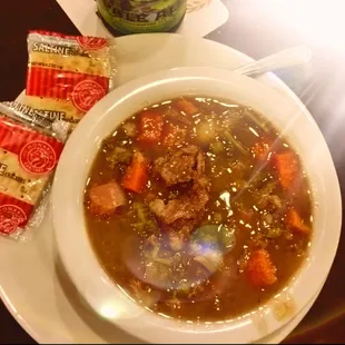 Savoring the moments before I smash a quarter pound of saltines into my bowl of O&apos;Sullivan&apos;s Famous Irish Stew.