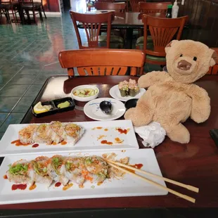 Negi Toro Sushi, soft Shell Crab Roll and shrimp Tempura Roll.
