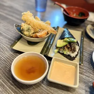Mixed Tempura (Veggies &amp; Shrimp), and a salmon skin hand roll.