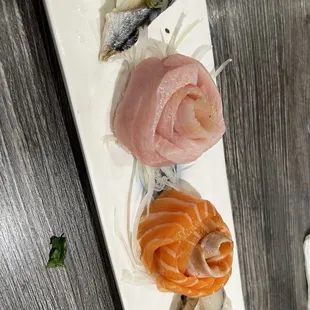 Carpaccio ( Hamachi and Salmon ) with Mackerel Nigiri