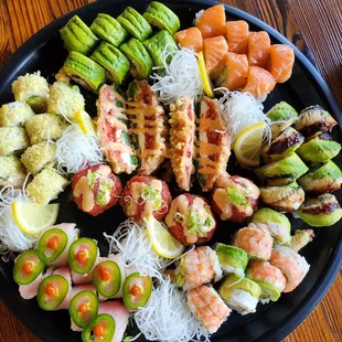  a plate of food on a wooden table