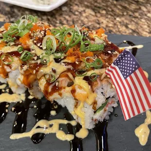 Baked Salmon Roll with a flag to help celebrate Memorial Day