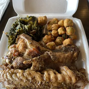 Turkey wing with greens and fried okra