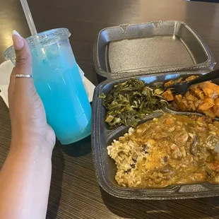 Greens, yams, fried fish with étouffée on top