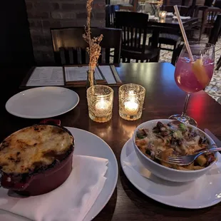 Shepherd's pie and dirty fries with a Purple Rain to drink