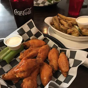 Buff chick wings and pickle fries.