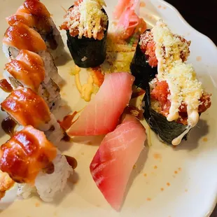 Spicy tuna, red snapper nigiri and can&apos;t remember what the one on the left was.