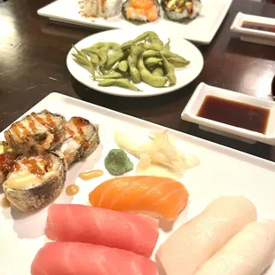 Hand rolls, Chef&apos;s Special Roll, Escolar (2), tuna (2), and salmon